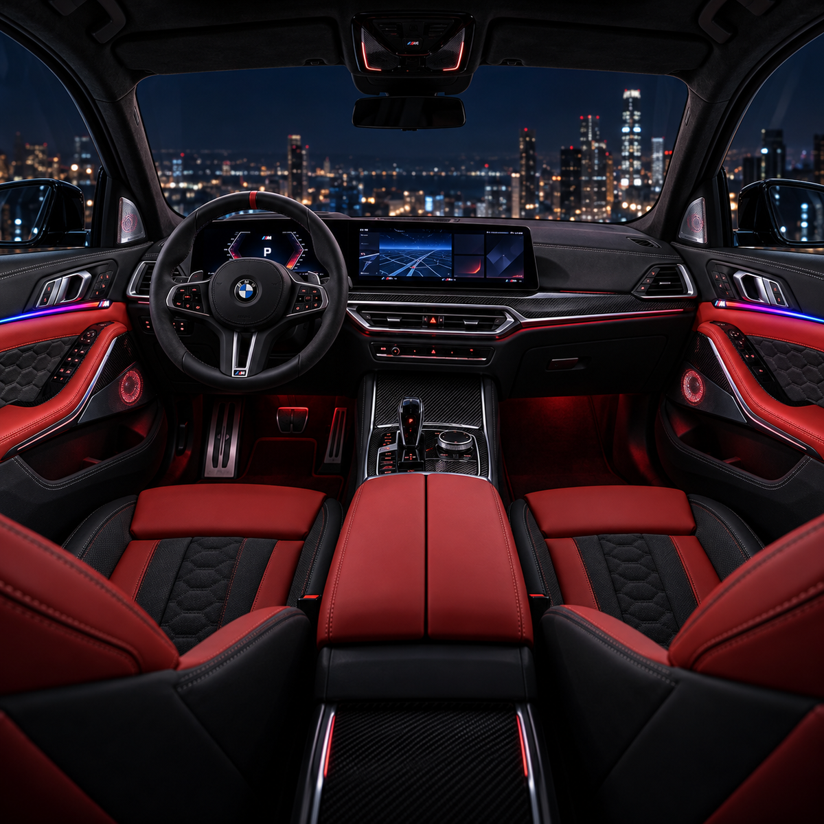 Interior at night with Velor Works universal tri-color ambient light blades installed on both front doors