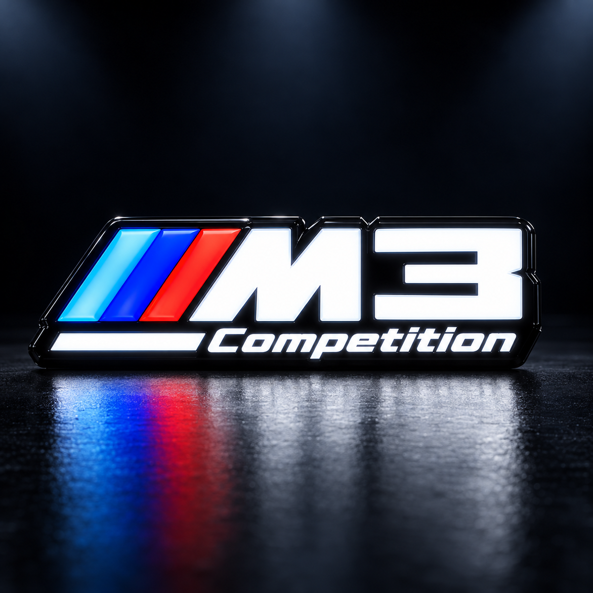 Velor Works M3 Competition illuminated emblem render with solid white lettering and fixed tri-color stripes