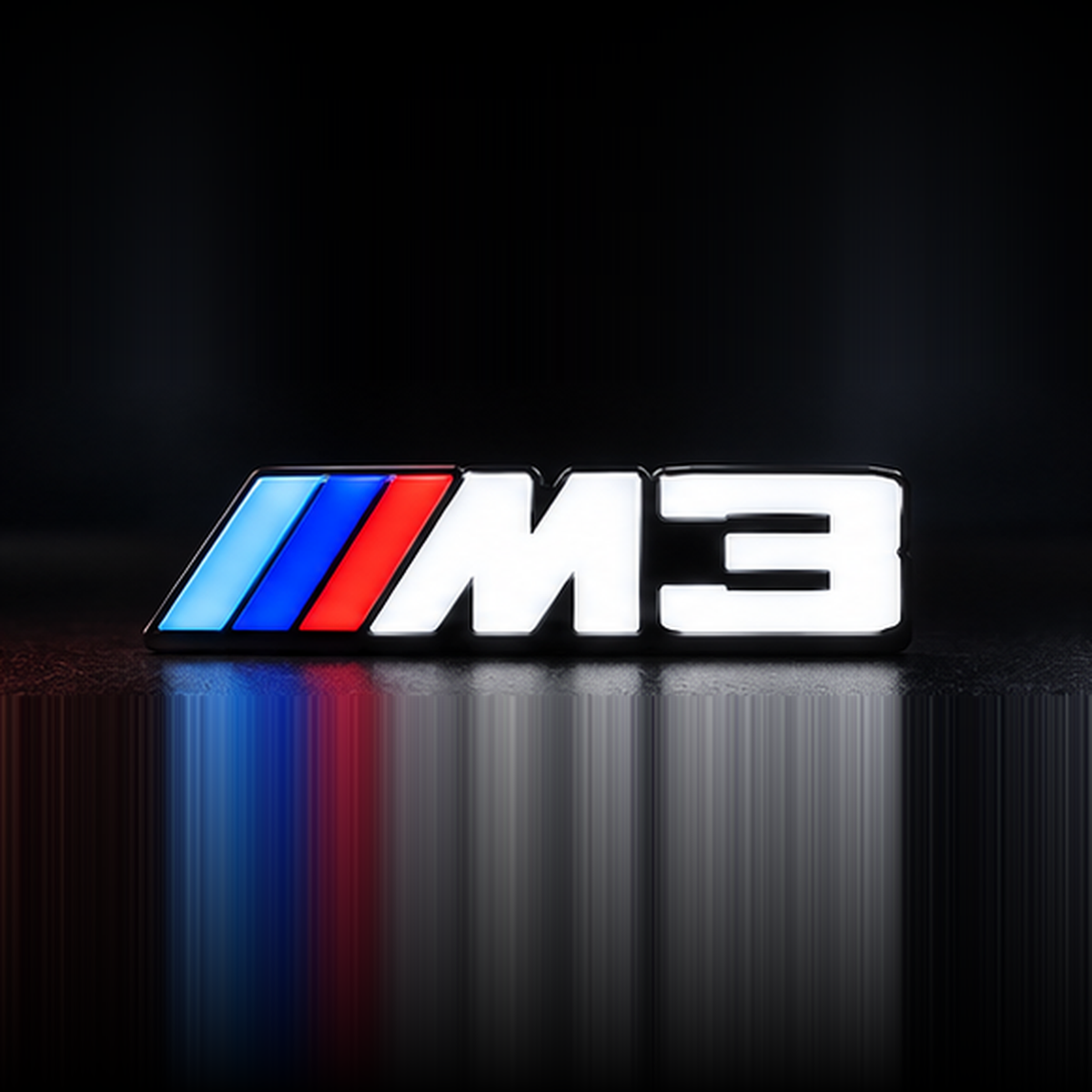 Velor Works M3 illuminated emblem design render with solid white lettering, tri-color stripes, and no bottom rail