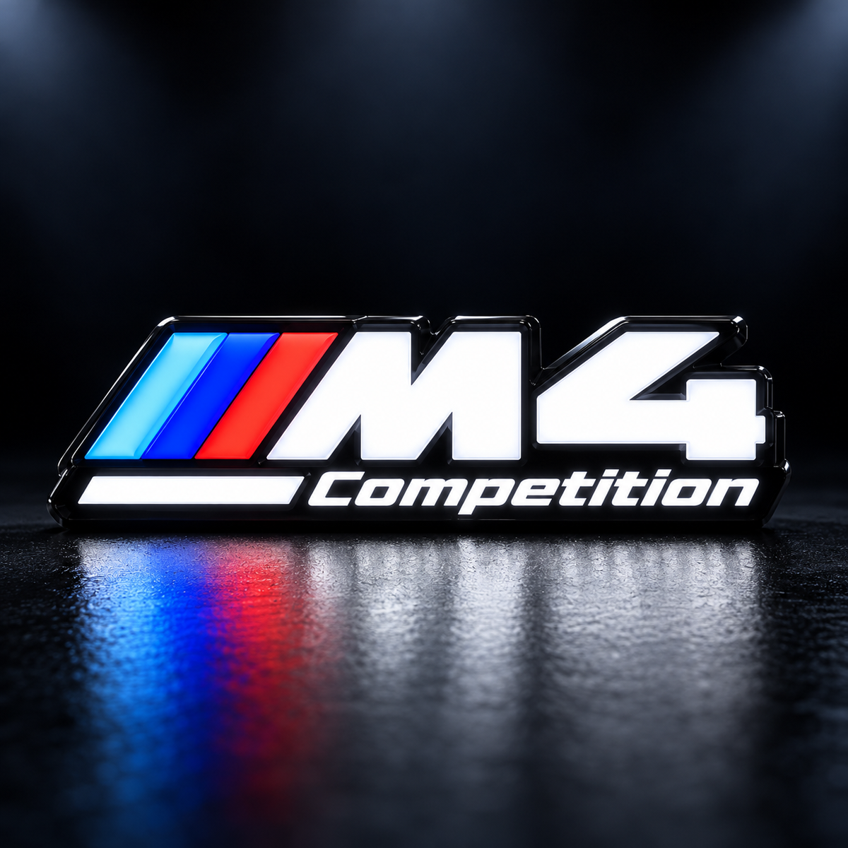 M4 Competition illuminated grille emblem render, solid white letters and tri-color stripes