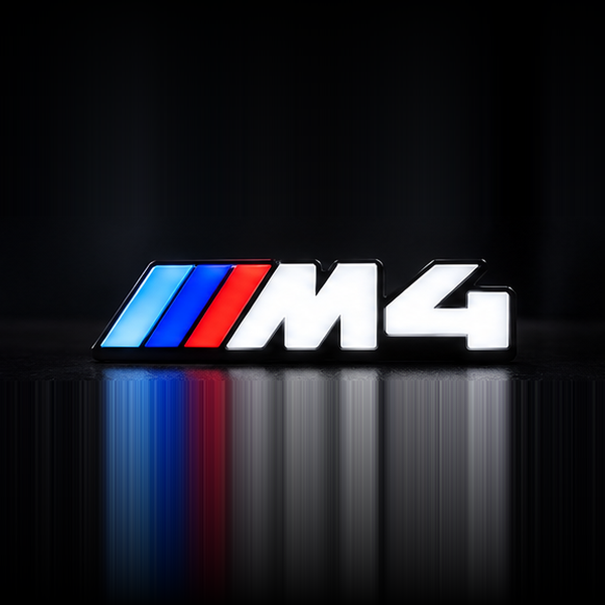 Velor Works M4 illuminated emblem design render with solid white lettering, tri-color stripes, and no bottom rail