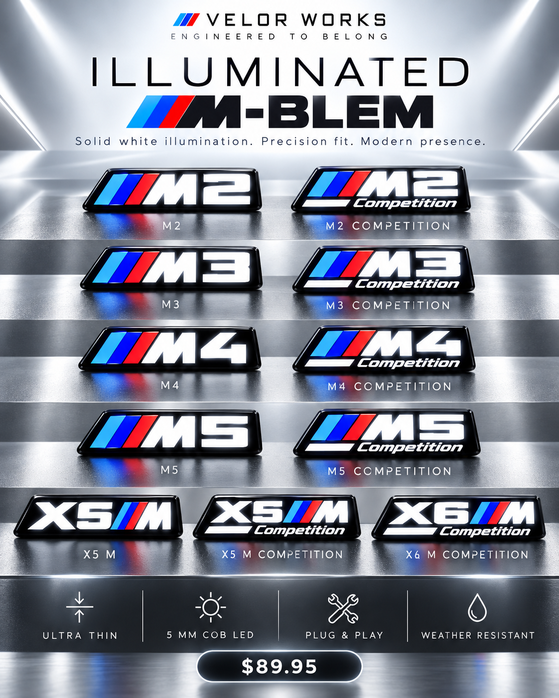 Mobile-optimized Velor Works Illuminated M-BLEM banner showing 11 solid white illuminated emblem styles
