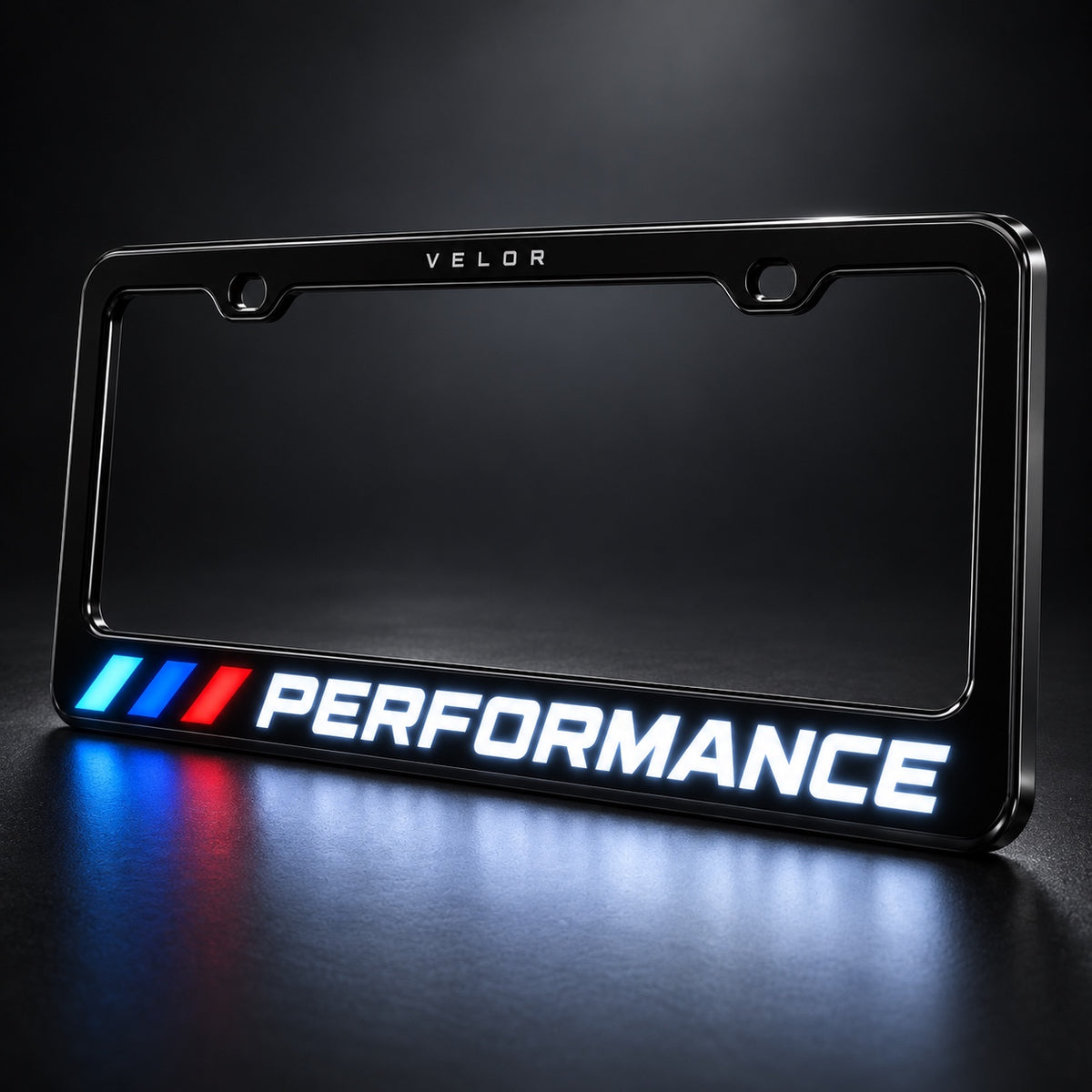 Velor Works illuminated PERFORMANCE license plate frame dark studio product view