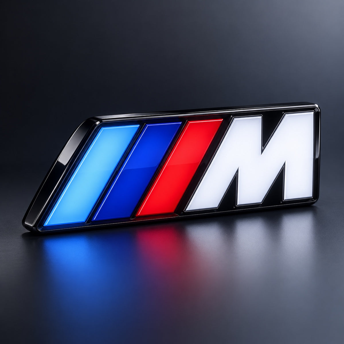 Velor Works universal illuminated M emblem angled product view