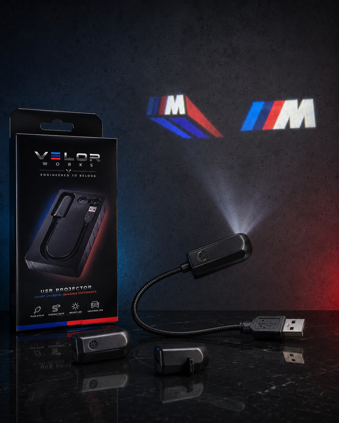Velor Works USB projector with interchangeable projection inserts and packaging