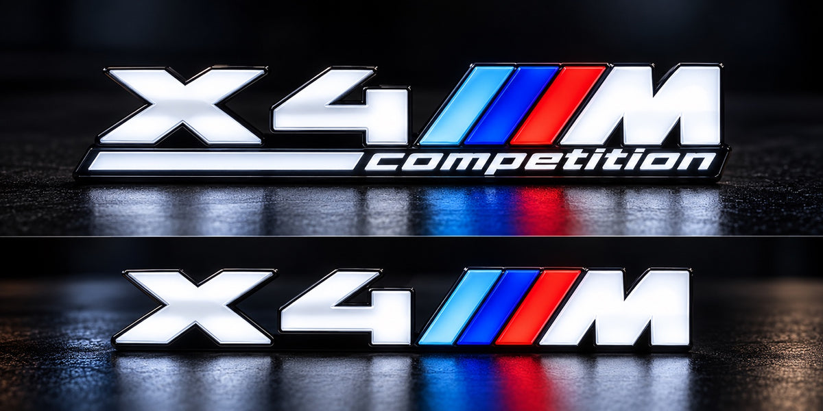 Velor Works illuminated X4 M emblem design render: Competition version above and non-Competition version below, with white lettering and M tri-color stripes