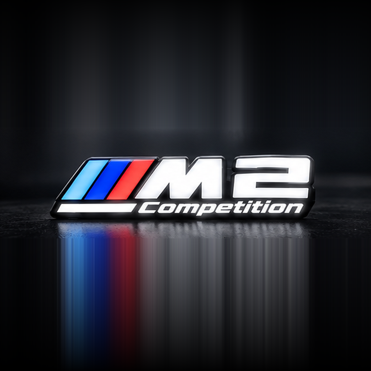 Velor Works M2 Competition illuminated emblem design render, solid white lettering and Competition rail with fixed tri-color stripes