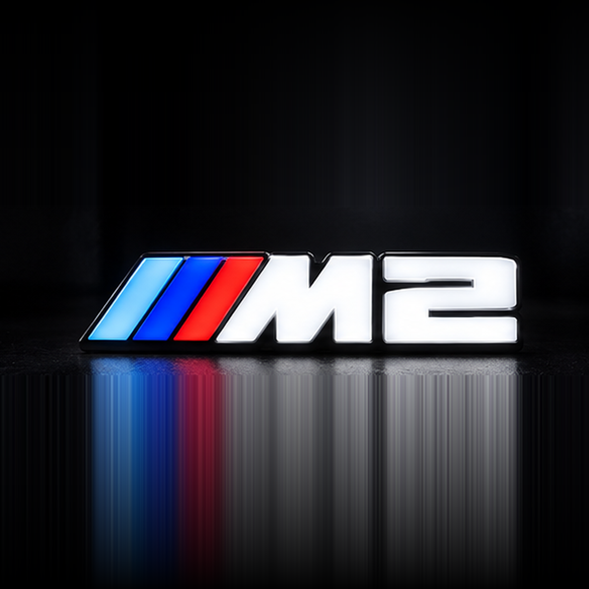 Velor Works M2 illuminated emblem design render with solid white lettering, tri-color stripes, and no bottom rail
