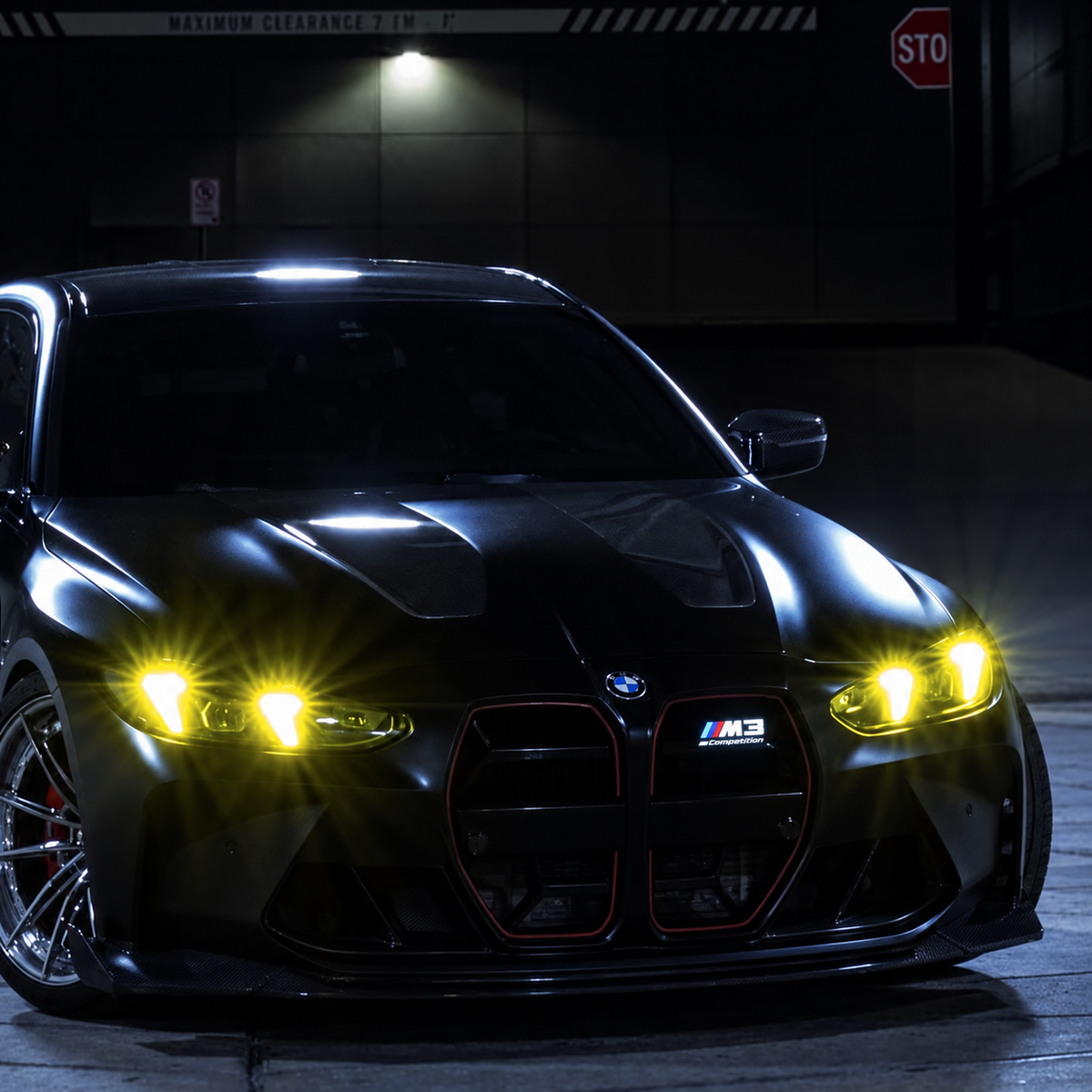 Design visualization of a solid-white illuminated Velor Works M3 Competition emblem on a black BMW grille with yellow headlights; digitally edited image