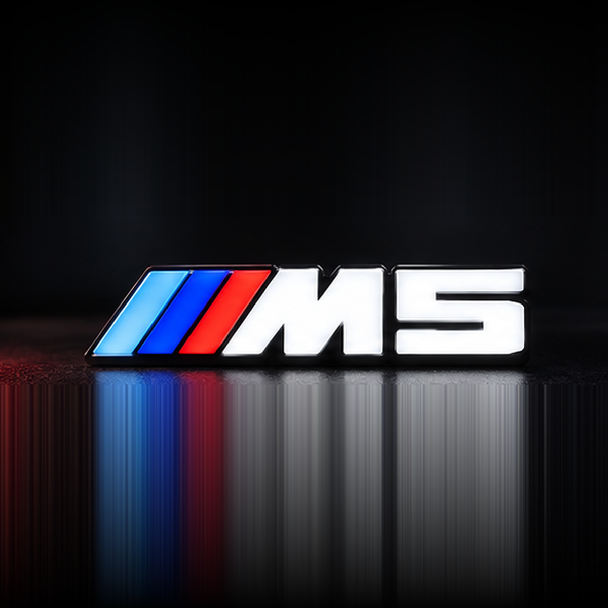 Velor Works M5 illuminated emblem design render with solid white lettering, tri-color stripes, and no bottom rail