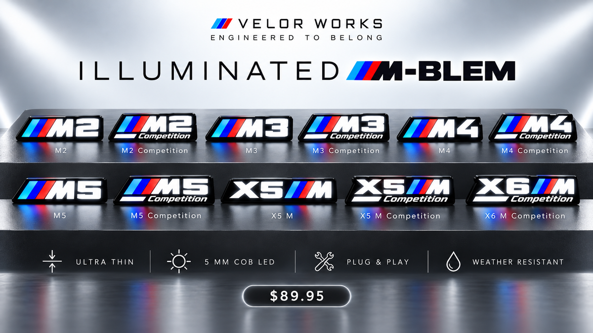 Velor Works Illuminated M-BLEM product collection banner showing 11 solid white illuminated emblem styles