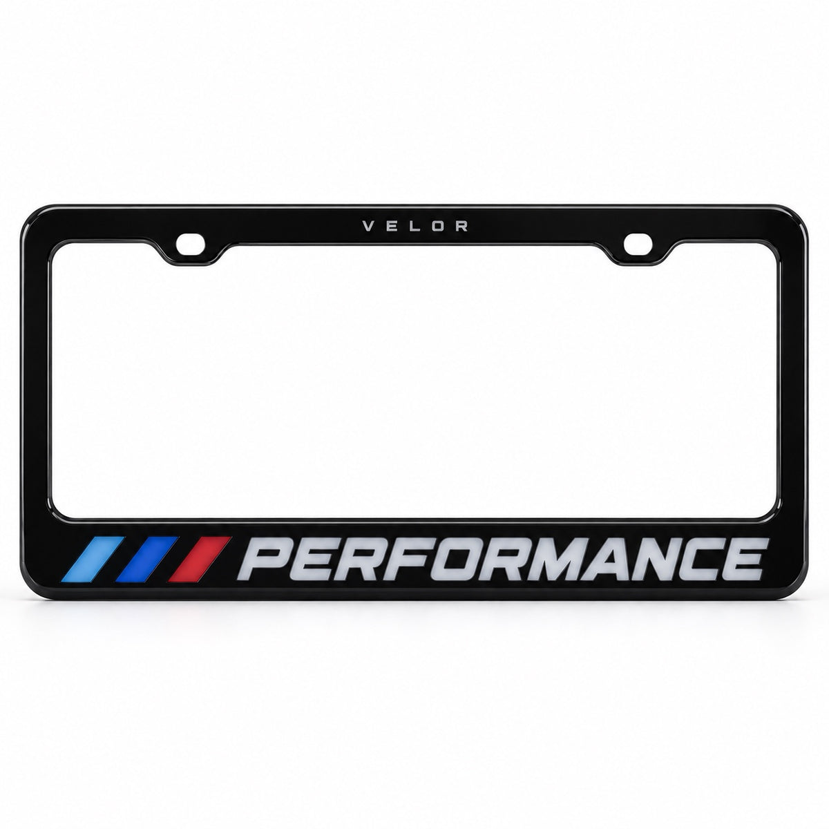 Close-up detail of Velor Works illuminated PERFORMANCE license plate frame