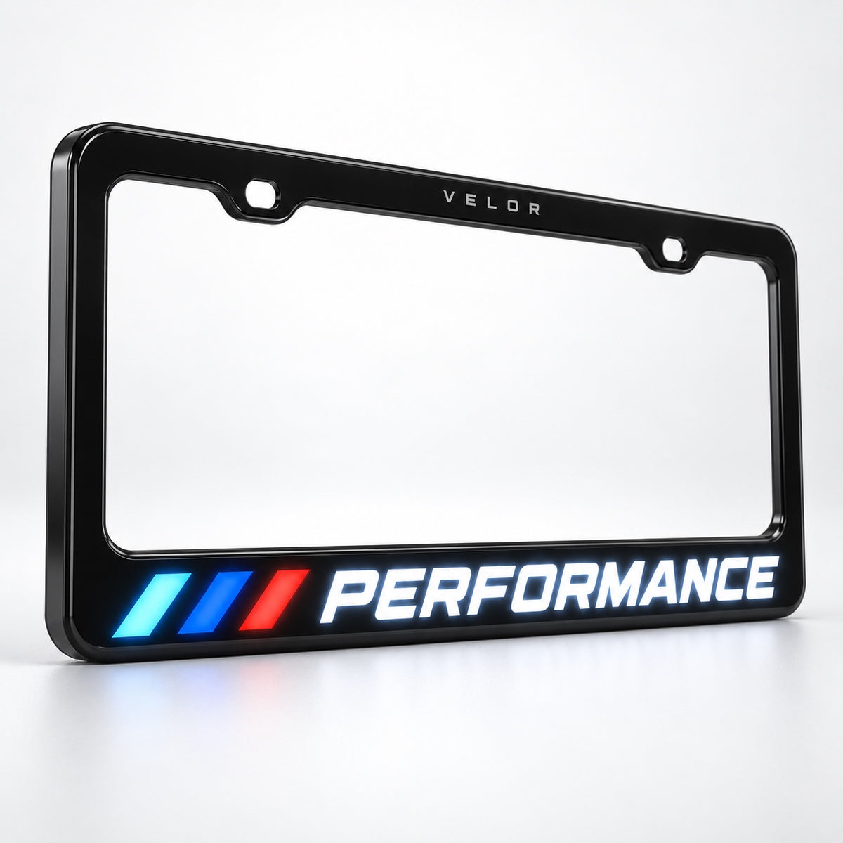 Velor Works PERFORMANCE license plate frame straight-on product view on white background