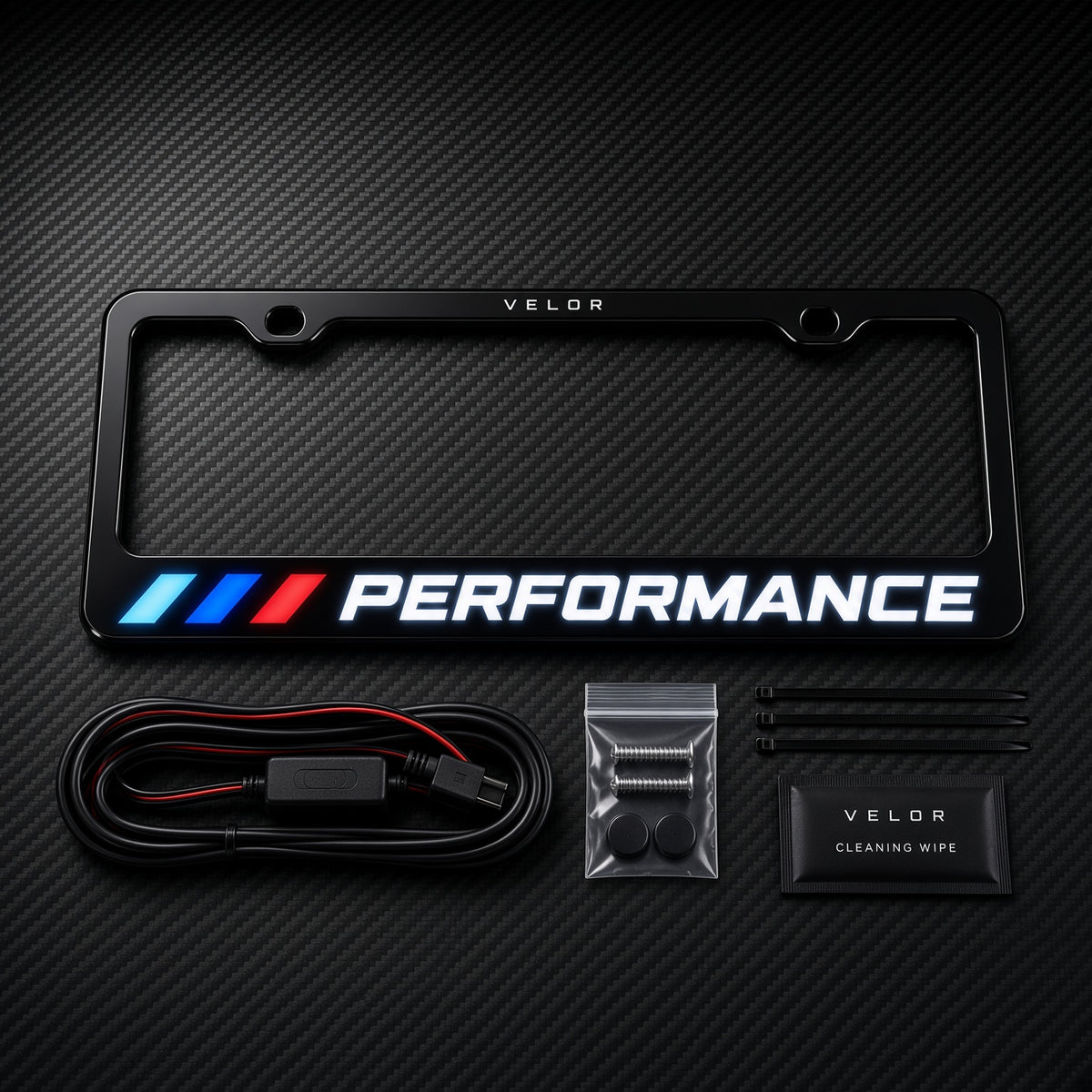 Velor Works PERFORMANCE illuminated license plate frame with wiring and installation hardware