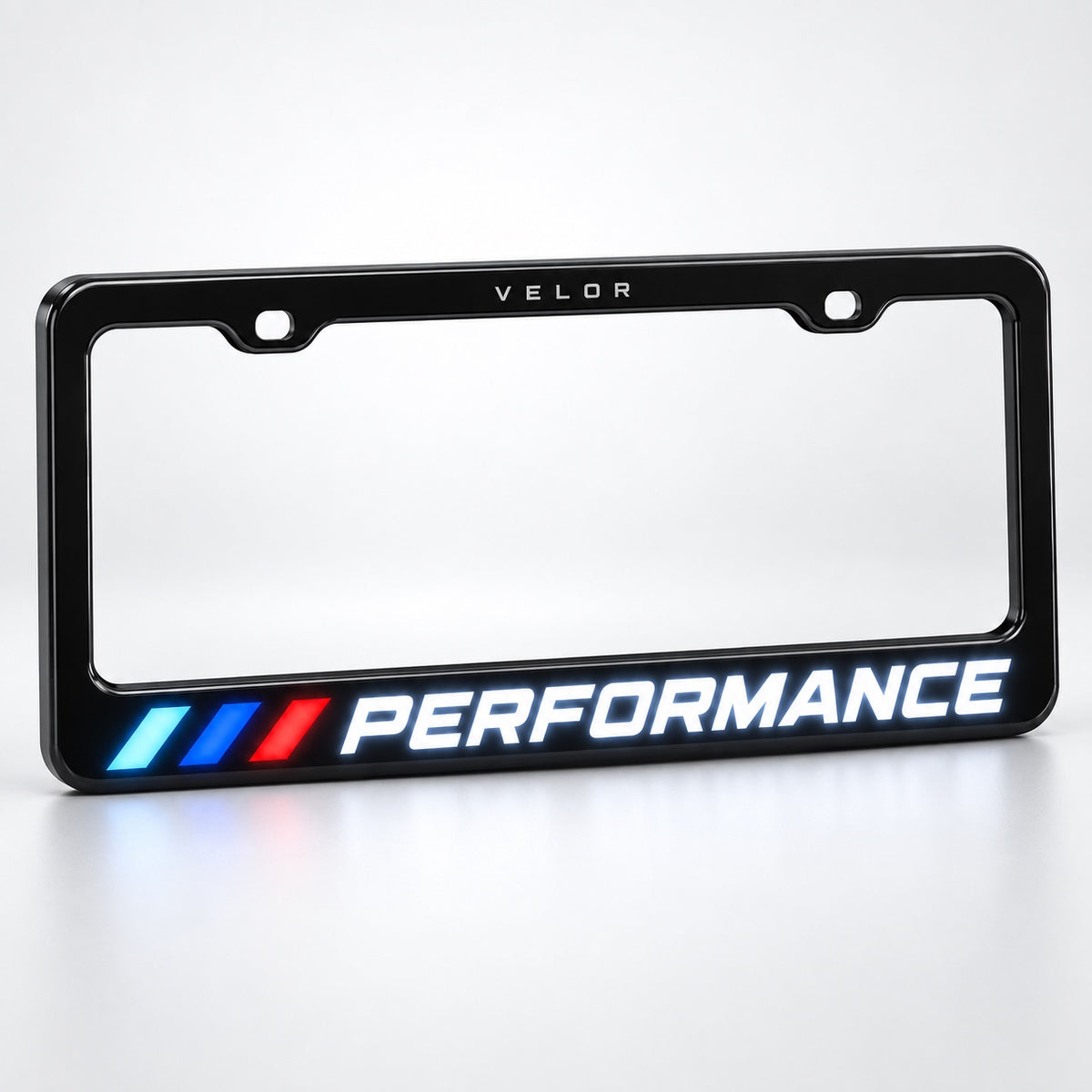 Velor Works illuminated PERFORMANCE license plate frame perspective product view on white background