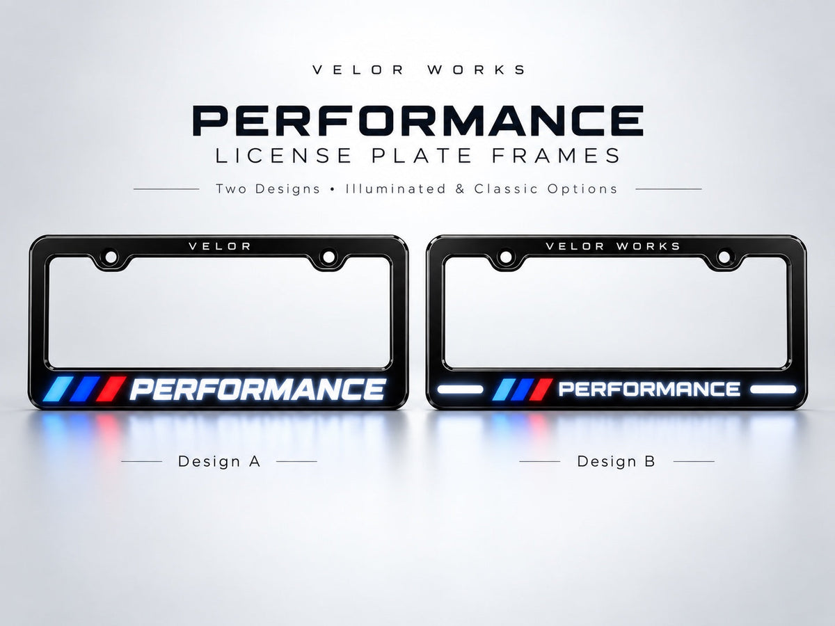 Velor Works Performance license plate frames, Design A and Design B