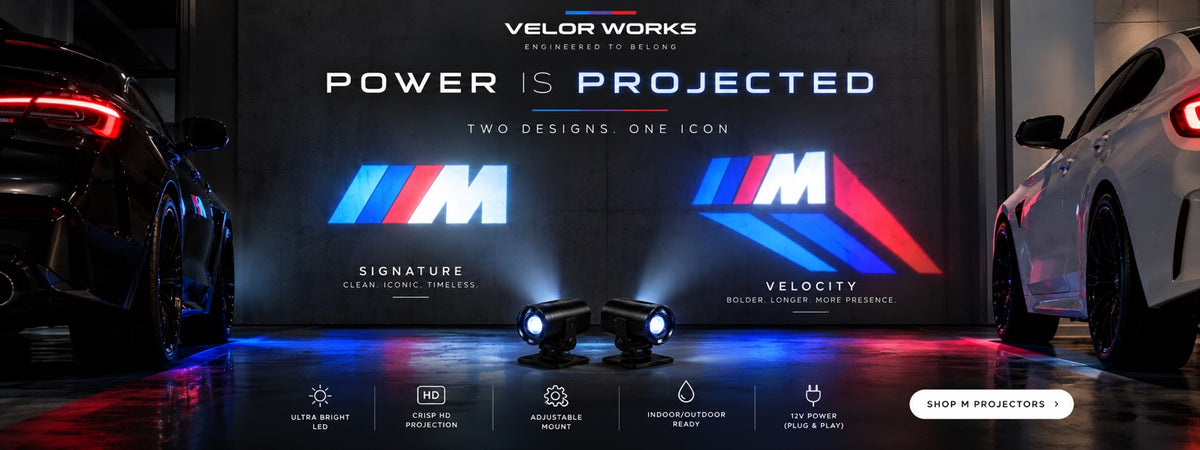 Velor Works USB projector banner featuring Signature and Velocity projections